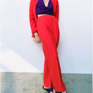 Red Zara high waisted linen blend trousers NWT